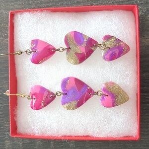 Vintage 80's Glittery Pink Heart Drop Chain Earrings
